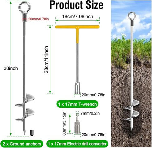 Ground Anchors Heavy Duty, 4 Pack Fully Welded Solid Steel Ground Anchors Screw in with 2.9" Spiral Blade, Trampoline Earth Stakes Auger Anchors for Sheds, Mobile Home, Tent, Swing Set in Kuwait