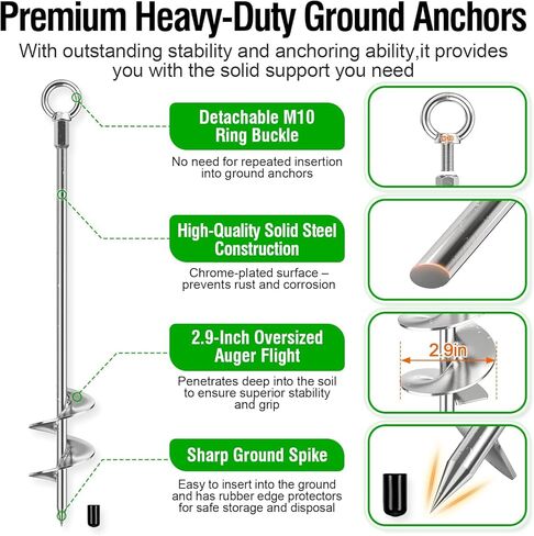 Ground Anchors Heavy Duty, 4 Pack Fully Welded Solid Steel Ground Anchors Screw in with 2.9" Spiral Blade, Trampoline Earth Stakes Auger Anchors for Sheds, Mobile Home, Tent, Swing Set in Kuwait