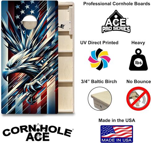 مجموعة لوحة CornholeAce ACE PRO ذات العلم الأمريكي - بدون ارتداد! أرجل ثلاثية عريضة، 3/4 بوصة من خشب البتولا البلطيقي الرقائقي، مقابض، حجم التنظيم (4x2 قدم)، نمط البطولة، صنع في الولايات المتحدة الأمريكية in Saudi Arabia