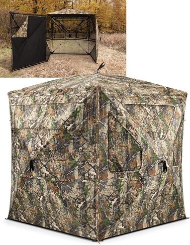 TIDEWE 5-Sided Hunting Blind, 360°See-Through Ground Blind with Flip-Up Entry Door, Removable Curtain, Low-Hub Large Windows, 300D Camo Tent for 4 Person Deer & Turkey Hunting in Saudi Arabia