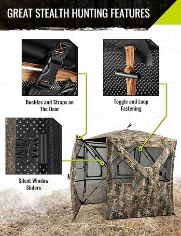 TIDEWE 5-Sided Hunting Blind, 360°See-Through Ground Blind with Flip-Up Entry Door, Removable Curtain, Low-Hub Large Windows, 300D Camo Tent for 4 Person Deer & Turkey Hunting in Saudi Arabia