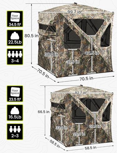 TIDEWE 5-Sided Hunting Blind, 360°See-Through Ground Blind with Flip-Up Entry Door, Removable Curtain, Low-Hub Large Windows, 300D Camo Tent for 4 Person Deer & Turkey Hunting in Saudi Arabia
