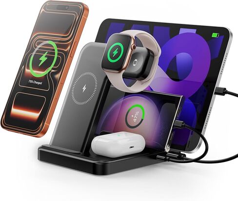 محطة شحن أجهزة متعددة ، محطة شحن 5-in-1 لـ iPhone 16E/16 Pro Max/Pro/Plus/15/14/12 ، iPad Pro/Mini ، Apple Watch و Airpods ، Dock الشحن اللاسلكي (G805) (أسود) in Kuwait