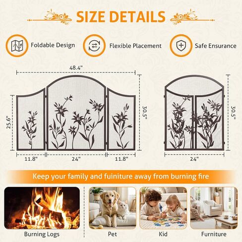 WICHEMI Fireplace Screen 3 Panel Fireplace Screens for Fireplace 50 x 31 Inch Wrought Iron Black Metal Spark Guard Cover Fireguards Mesh Cover Baby Safe Proof Fence Fire Place Standing Gate (Style 1) in Saudi Arabia