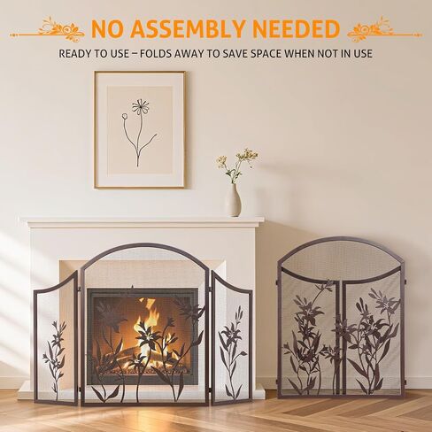 WICHEMI Fireplace Screen 3 Panel Fireplace Screens for Fireplace 50 x 31 Inch Wrought Iron Black Metal Spark Guard Cover Fireguards Mesh Cover Baby Safe Proof Fence Fire Place Standing Gate (Style 1) in Saudi Arabia