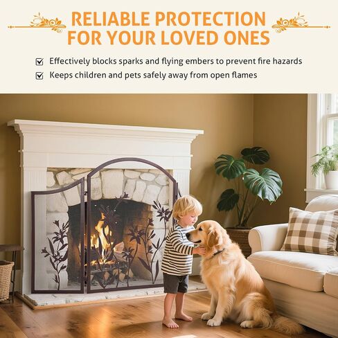 WICHEMI Fireplace Screen 3 Panel Fireplace Screens for Fireplace 50 x 31 Inch Wrought Iron Black Metal Spark Guard Cover Fireguards Mesh Cover Baby Safe Proof Fence Fire Place Standing Gate (Style 1) in Saudi Arabia