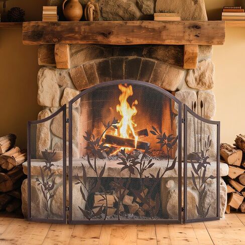 WICHEMI Fireplace Screen 3 Panel Fireplace Screens for Fireplace 50 x 31 Inch Wrought Iron Black Metal Spark Guard Cover Fireguards Mesh Cover Baby Safe Proof Fence Fire Place Standing Gate (Style 1) in Saudi Arabia