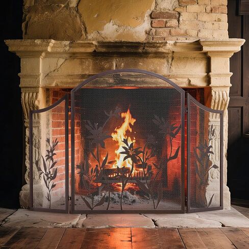 WICHEMI Fireplace Screen 3 Panel Fireplace Screens for Fireplace 50 x 31 Inch Wrought Iron Black Metal Spark Guard Cover Fireguards Mesh Cover Baby Safe Proof Fence Fire Place Standing Gate (Style 1) in Saudi Arabia
