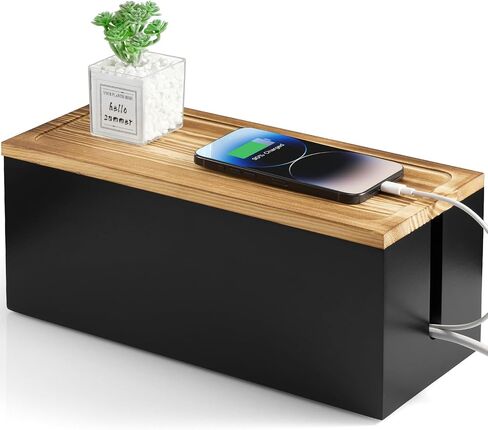 Wood Cable Management Box - Cable Organizer Box - 2 Open Slots Cords Hider Box - Under Desk Cord Organizer for Power Strip Extension Cord Surge Protector Charger Wire, Black in Saudi Arabia