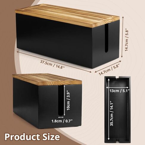 Wood Cable Management Box - Cable Organizer Box - 2 Open Slots Cords Hider Box - Under Desk Cord Organizer for Power Strip Extension Cord Surge Protector Charger Wire, Black in Saudi Arabia