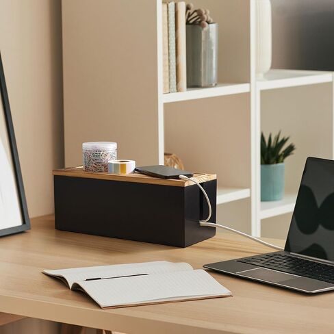 Wood Cable Management Box - Cable Organizer Box - 2 Open Slots Cords Hider Box - Under Desk Cord Organizer for Power Strip Extension Cord Surge Protector Charger Wire, Black in Saudi Arabia