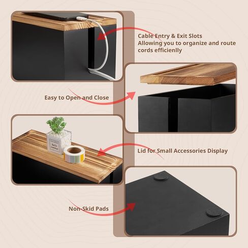 Wood Cable Management Box - Cable Organizer Box - 2 Open Slots Cords Hider Box - Under Desk Cord Organizer for Power Strip Extension Cord Surge Protector Charger Wire, Black in Saudi Arabia