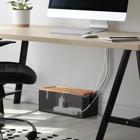 Wood Cable Management Box - Cable Organizer Box - 2 Open Slots Cords Hider Box - Under Desk Cord Organizer for Power Strip Extension Cord Surge Protector Charger Wire, Black in Saudi Arabia