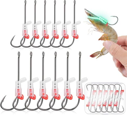 12Pcs Luminous Live Shrimp Hooks Upgraded, High Carbon Steel Barbed Hooks Saltwater Corrosion-Resistant, for Freshwater & Saltwater Fishing, Ideal for Bass, Groupers, Catfish & More Fish 2/0 in Kuwait