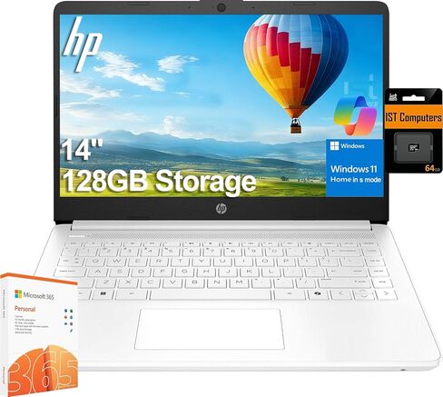 HP 14" Ultra Light Laptop for Student & Home (Intel Quad-Core N4120, 4GB RAM, 128GB(64GB + 64GB SD), 1-Year Office 365) 11-Hr Long Battery Life, Webcam, WiFi, Win 11 Home in S Mode - Snow White in Kuwait