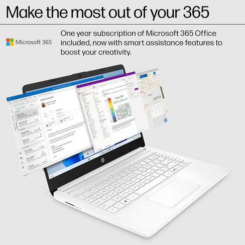 HP 14" Ultra Light Laptop for Student & Home (Intel Quad-Core N4120, 4GB RAM, 128GB(64GB + 64GB SD), 1-Year Office 365) 11-Hr Long Battery Life, Webcam, WiFi, Win 11 Home in S Mode - Snow White in Kuwait