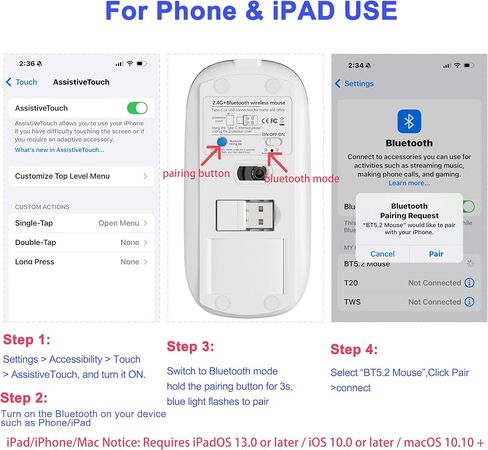 Bluetooth Wireless Mouse for MacBook Air Mac Pro Laptop Computer Pad Optical Rechargeable Slim Silent Dual Mode (2.4G USB-C/USB-A&Bluetooth 5.2/3.0) Mouse Jiggler for Computer Awakening - Silver in Saudi Arabia
