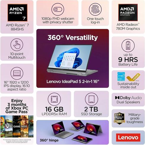 Lenovo Ideapad 5 2-in-1 مع AMD Ryzen 7 8845HS Processor ، 16 "Wuxga Display Touchnens ، و RPDDR5X RAM ، 1 تيرابايت ، قلم رقمي ، إضاءة خلفية ، قارئ FP ، وربا 11 الصفحة الرئيسية in Saudi Arabia
