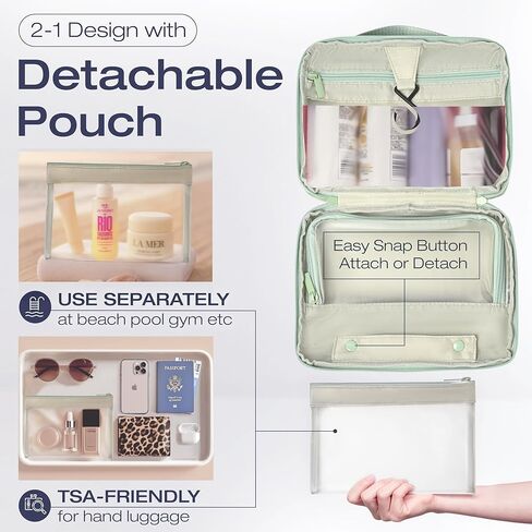 KAZAY Hanging Toiletry Bag with TSA Approved Detachable Pouch, Travel Toiletry Bag, Water Resistant, Premium Nylon, Full-Size Bottles, Travel Size Toiletries, Cosmetic Bag, Unisex (Light Blue) in Saudi Arabia