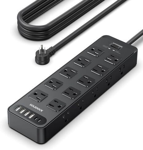 Flat Plug Power Strip Surge Protector with 20 AC Outlets 6 USB Chagring Ports, 1875W/15A, 2700 Joules, 6 Ft Heavy Duty Extension Cord for Home, Office, Dorm, Gaming,ETL Listed (Black, 6Feet) in Saudi Arabia