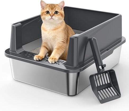 Stainless Steel Litter Box, Extra Large Litter Boxes for Big Cats, XLarge Metal Cat Litter Box with Lid, Anti-Urine Leakage XL Box with High Sides, Easy Clean, Non-Sticky, Scoop Included in Saudi Arabia