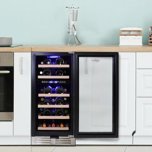 Koolatron 28 Bottle Dual Zone 15-Inch Under Counter Wine Cooler w/Lock, Built-In or Freestanding Beverage Fridge w/Keyed Lock, Stainless Steel Door Frame, UV Protective Glass, Beechwood Bottle Racks in Kuwait