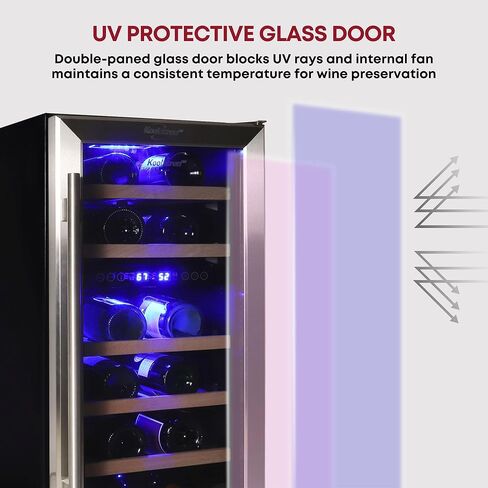 Koolatron 28 Bottle Dual Zone 15-Inch Under Counter Wine Cooler w/Lock, Built-In or Freestanding Beverage Fridge w/Keyed Lock, Stainless Steel Door Frame, UV Protective Glass, Beechwood Bottle Racks in Kuwait