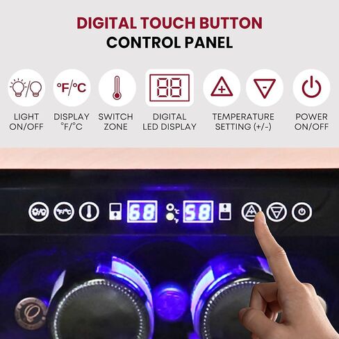 Koolatron 28 Bottle Dual Zone 15-Inch Under Counter Wine Cooler w/Lock, Built-In or Freestanding Beverage Fridge w/Keyed Lock, Stainless Steel Door Frame, UV Protective Glass, Beechwood Bottle Racks in Kuwait