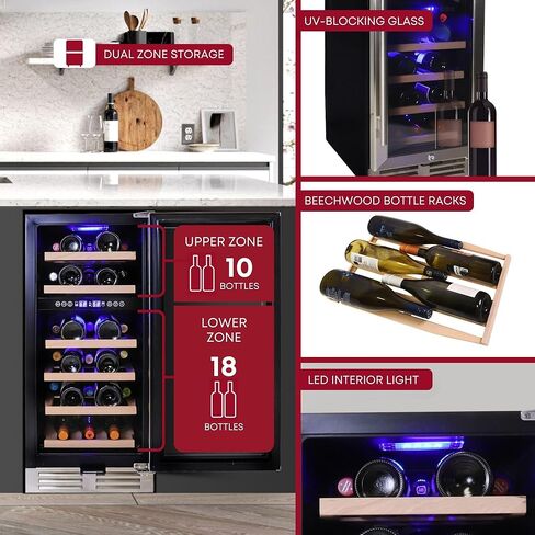 Koolatron 28 Bottle Dual Zone 15-Inch Under Counter Wine Cooler w/Lock, Built-In or Freestanding Beverage Fridge w/Keyed Lock, Stainless Steel Door Frame, UV Protective Glass, Beechwood Bottle Racks in Kuwait