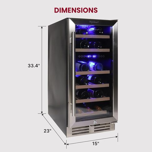 Koolatron 28 Bottle Dual Zone 15-Inch Under Counter Wine Cooler w/Lock, Built-In or Freestanding Beverage Fridge w/Keyed Lock, Stainless Steel Door Frame, UV Protective Glass, Beechwood Bottle Racks in Kuwait