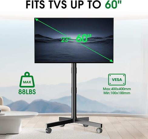 حامل تلفزيون التلفزيون المتداول المتنقل من 23-60 بوصة LCD LED OLED Flat Curvenced شاشات منحنية يصل إلى 88 رطلاً ، وعربة تلفزيونية محمولة قابلة للتعديل مع الارتفاع مع الرف والعجلات ، ومحامل التلفزيون في الهواء الطلق ، وماكس فيسا 400x400mm ، أسود ، أسود in Kuwait