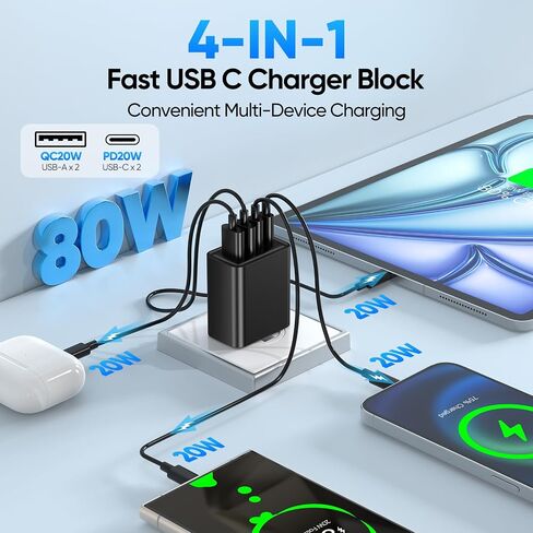 [2-pack] شاحن الجدار USB C ، كتلة شحن سريعة من النوع C ، مكعب شحن USBC Multiport PD و QC مع كبلات C إلى CALS من 6 قدم إلى C من iPhone 15/14/13/11/11/PRO MAX/XS/XR ، IPAD ، Samsung in Saudi Arabia