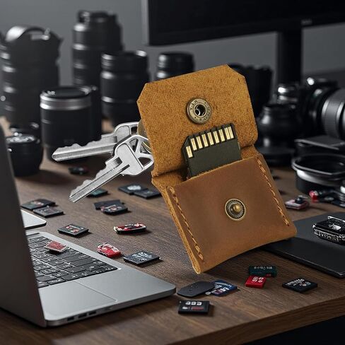 Jack&Chris Genuine Leather SD Card Holder Keychain, Anti-Shock Anti-Dust SD Card Case, Portable Camera Accessories for SD CF CFexpress Micro SD Nano SIM and Micro SIM Cards, Red Brown 2 PACKS in Kuwait