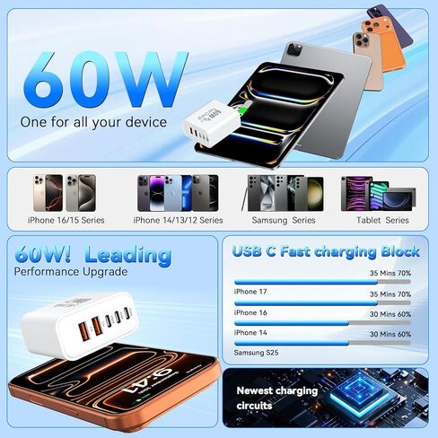 USB C Block Fast Charger Block ، 60W 5-Port USB C Clocks Wall Clocks ، Type C Charger Charger Fast Charging Brick ، ​​3USB C+2USB A PD & QC3.0 Multiport Charger for iPhone 16/15/14/13 PRO MAX ، IPAD ، GALAXY-WHITE in Kuwait