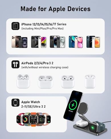 VBA 3 in 1 Wireless Charging Station for Apple MagSafe Charger,Foldable Fast Charging Magnetic Wireless Charger Stand,Travel Charger for iPhone 16 15 14 13 12,Apple Watch,AirPods Pro(White) in Kuwait