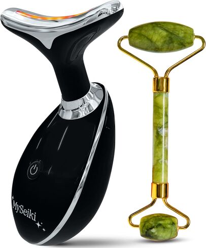 7 LED Light Beauty Tool – Face and Neck Massager with Jade Roller, Case, Black in Saudi Arabia