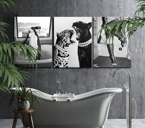 3pcs Bathroom Fashion Leopard Print Canvas Wall Art Black Trendy Women Decor Prints Black and White Photography Feminism Posters Art Paintings for Bedroom Living Room Hallway 12×16 Inch in Saudi Arabia