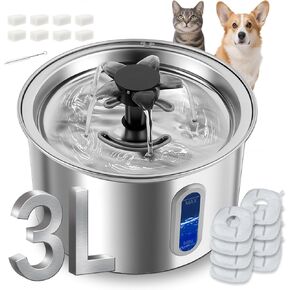 3L/101oz Stainless Steel Cat Water Fountain for Indoor Use - Ultra Quiet Automatic, BPA-Free LED Window for Cats/Small Dogs (Silver+2 Filters+2 Sponges, Large) in Saudi Arabia