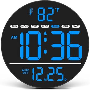 WallarGe Large Digital Wall Clock with LED Display, Electric Wall Clock with Temperature, Auto DST, Date, and Day, 5-Level Brightness for Office, Bedroom, Living Room, Classroom Décor in Kuwait
