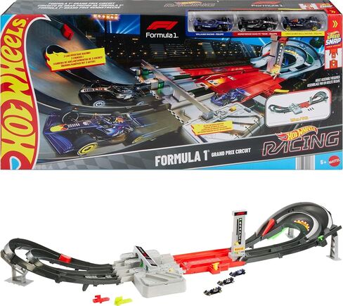 مجموعة مسار سيارة لعبة Hot Wheels ، مسار دائرة Formula 1 Grand Prix مع 3 1:64 Scale Die-Cast Toy Cars ، وضعان من السباقات مع داعم بمحركات in Kuwait