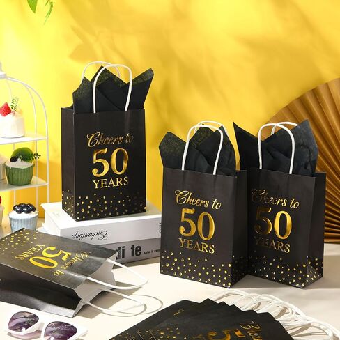 RESHOLED 20 PCS هتافات إلى 70 سنة أكياس الهدايا مع مقبض 70 عيد ميلاد حقيبة هدايا الحفلات الحفلات مع ورقة الأنسجة الأسود والذهبي لصالح جيد هدايا لوازم زفاف عيد ميلاد الذكرى السنوية in Saudi Arabia