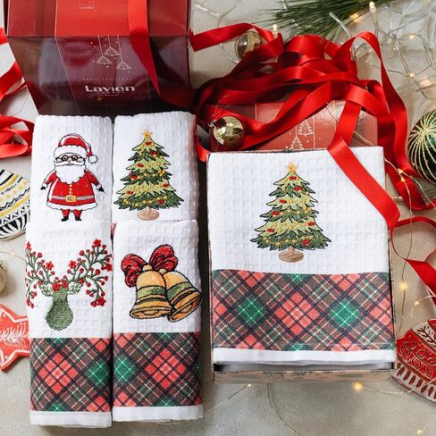 Lavien Home Cotton Kitchen مناشف مجموعة من 4 - مناشف شاي مطرزة لافندر ، ونسج وافل للوافل والامتصاص مع منقوشة ، 16x24 بوصة in Kuwait