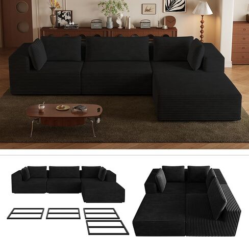 106" Black Cloud Sofa with L-Shaped Chaise Longue, Modern Modular couches with Deep Seats, Fluffy couches for Living Room and Bedroom, Boneless Couch, Compressible, Plush Corduroy Fabric（Black in Saudi Arabia