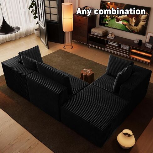 106" Black Cloud Sofa with L-Shaped Chaise Longue, Modern Modular couches with Deep Seats, Fluffy couches for Living Room and Bedroom, Boneless Couch, Compressible, Plush Corduroy Fabric（Black in Saudi Arabia