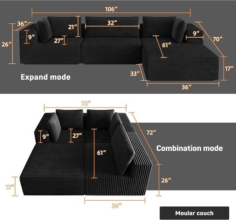 106" Black Cloud Sofa with L-Shaped Chaise Longue, Modern Modular couches with Deep Seats, Fluffy couches for Living Room and Bedroom, Boneless Couch, Compressible, Plush Corduroy Fabric（Black in Saudi Arabia