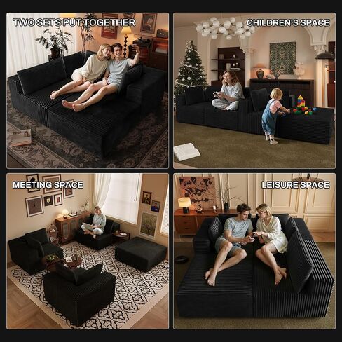 106" Black Cloud Sofa with L-Shaped Chaise Longue, Modern Modular couches with Deep Seats, Fluffy couches for Living Room and Bedroom, Boneless Couch, Compressible, Plush Corduroy Fabric（Black in Saudi Arabia