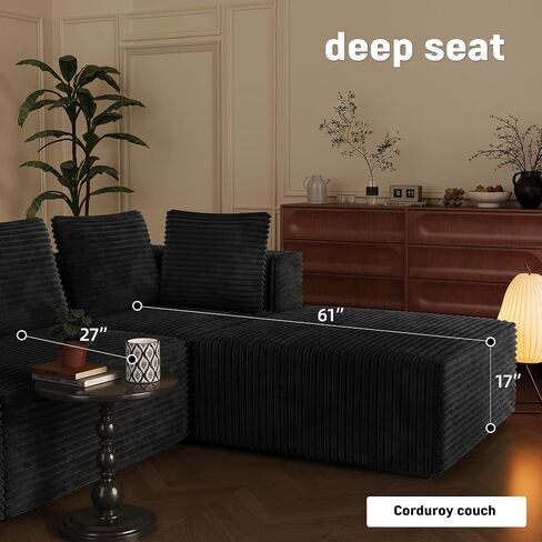 106" Black Cloud Sofa with L-Shaped Chaise Longue, Modern Modular couches with Deep Seats, Fluffy couches for Living Room and Bedroom, Boneless Couch, Compressible, Plush Corduroy Fabric（Black in Saudi Arabia