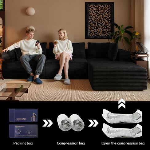 106" Black Cloud Sofa with L-Shaped Chaise Longue, Modern Modular couches with Deep Seats, Fluffy couches for Living Room and Bedroom, Boneless Couch, Compressible, Plush Corduroy Fabric（Black in Saudi Arabia