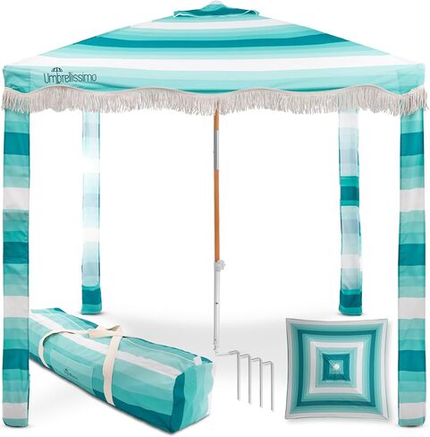 Premium Beach Cabana - Umbrellissimo Sage. Includes Sand Anchor, Designer Canvas Prints & Fringe finishes, Sand Pockets, pegs, Matching Carry Bag. Easy Set up 6.6'x6.6' of Cool UPF 50+ Shade in Saudi Arabia