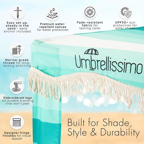 Premium Beach Cabana - Umbrellissimo Sage. Includes Sand Anchor, Designer Canvas Prints & Fringe finishes, Sand Pockets, pegs, Matching Carry Bag. Easy Set up 6.6'x6.6' of Cool UPF 50+ Shade in Saudi Arabia